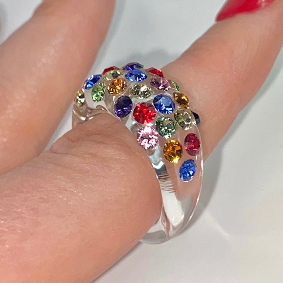 Multicoloured Acrylic Ring Embellished With Genuine Crystal Stone Elements New! - Picture 6 of 12
